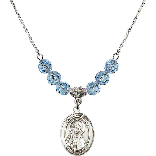 Sterling Silver Saint Monica Birthstone Necklace with Aqua Beads - 8079