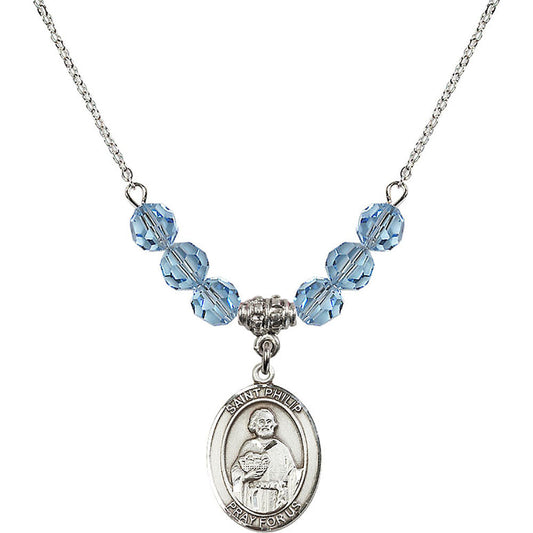 Sterling Silver Saint Philip the Apostle Birthstone Necklace with Aqua Beads - 8083
