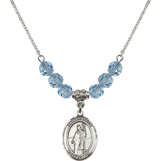 Sterling Silver Saint Patrick Birthstone Necklace with Aqua Beads - 8084
