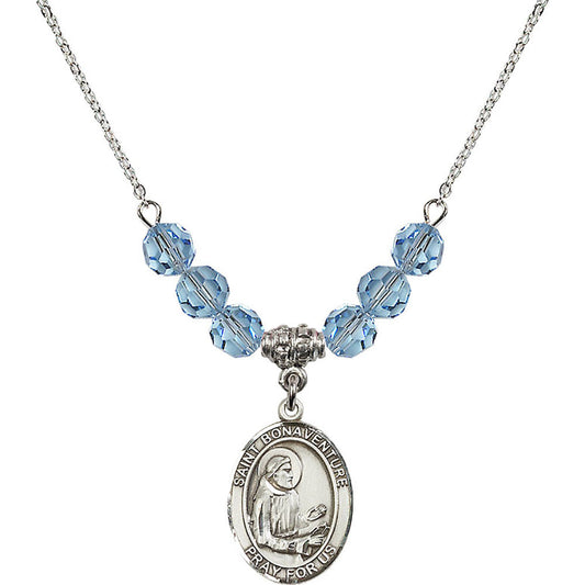 Sterling Silver Saint Bonaventure Birthstone Necklace with Aqua Beads - 8085