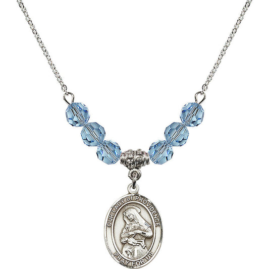 Sterling Silver Our Lady of Providence Birthstone Necklace with Aqua Beads - 8087