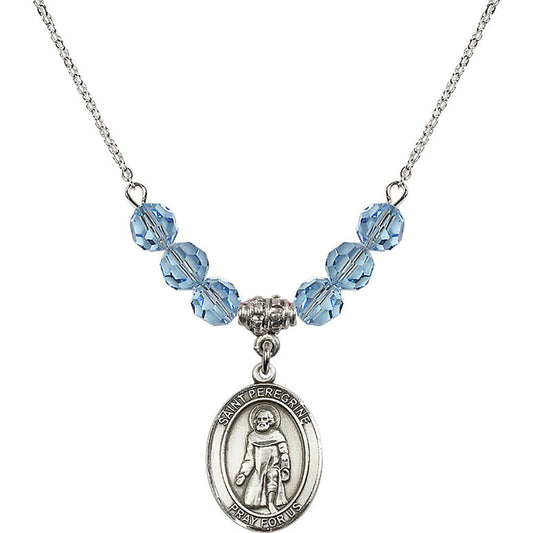 Sterling Silver Saint Peregrine Laziosi Birthstone Necklace with Aqua Beads - 8088