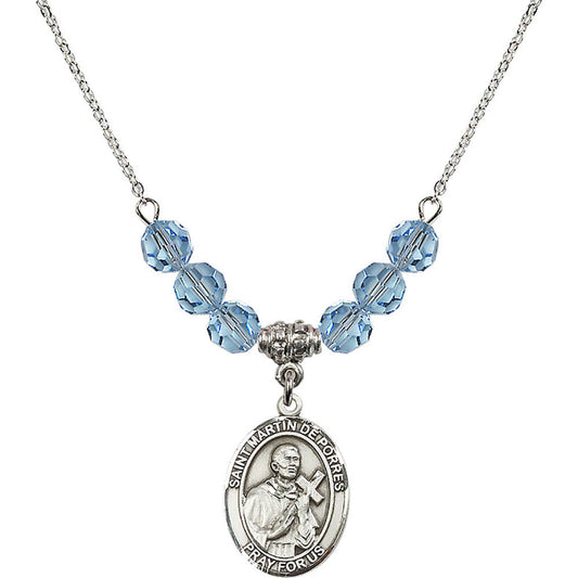 Sterling Silver Saint Martin de Porres Birthstone Necklace with Aqua Beads - 8089