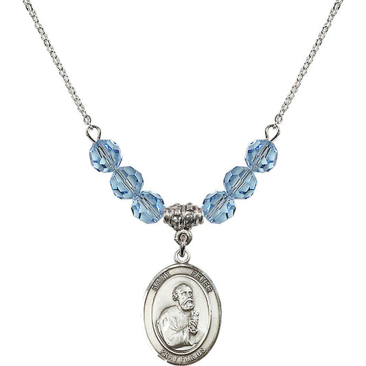 Sterling Silver Saint Peter the Apostle Birthstone Necklace with Aqua Beads - 8090