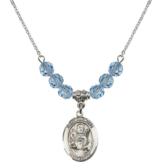 Sterling Silver Saint Raymond Nonnatus Birthstone Necklace with Aqua Beads - 8091