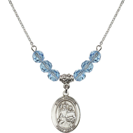 Sterling Silver Saint Raphael the Archangel Birthstone Necklace with Aqua Beads - 8092