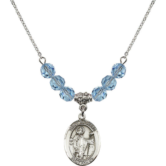 Sterling Silver Saint Richard Birthstone Necklace with Aqua Beads - 8093