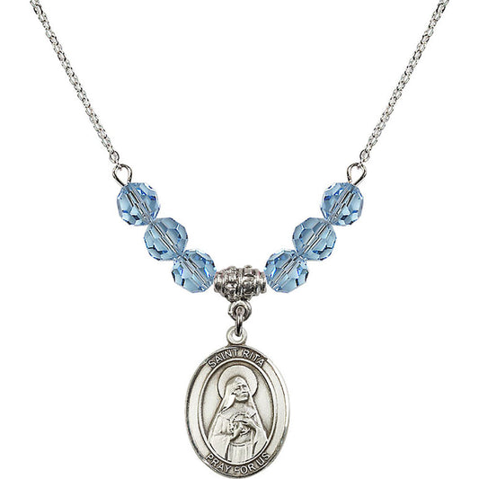 Sterling Silver Saint Rita of Cascia Birthstone Necklace with Aqua Beads - 8094