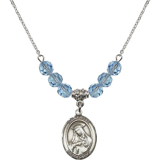 Sterling Silver Saint Rose of Lima Birthstone Necklace with Aqua Beads - 8095