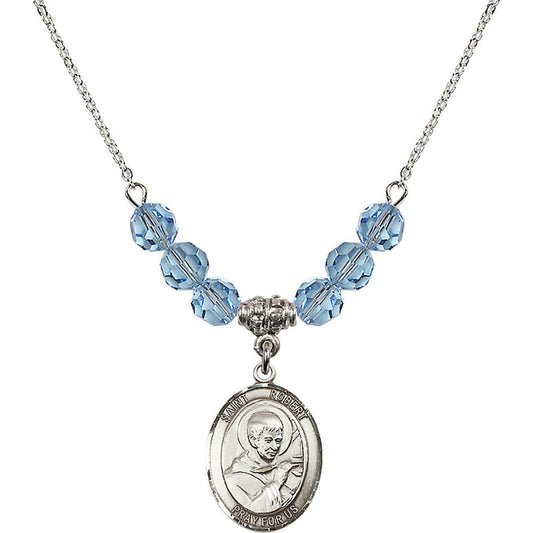 Sterling Silver Saint Robert Bellarmine Birthstone Necklace with Aqua Beads - 8096