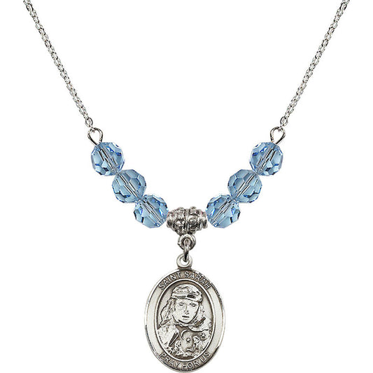 Sterling Silver Saint Sarah Birthstone Necklace with Aqua Beads - 8097