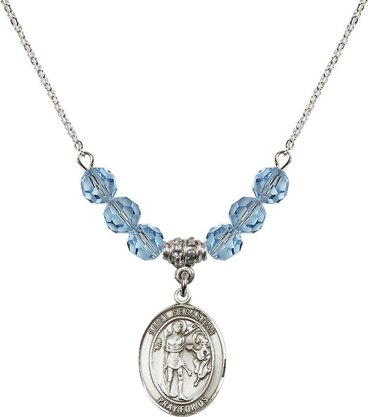 Sterling Silver Saint Sebastian Birthstone Necklace with Aqua Beads - 8100