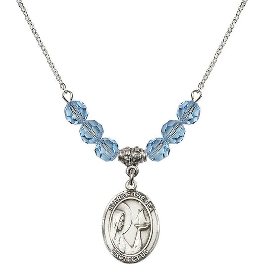 Sterling Silver Our Lady Star of the Sea Birthstone Necklace with Aqua Beads - 8101