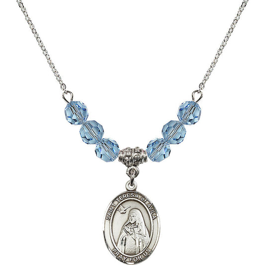 Sterling Silver Saint Teresa of Avila Birthstone Necklace with Aqua Beads - 8102