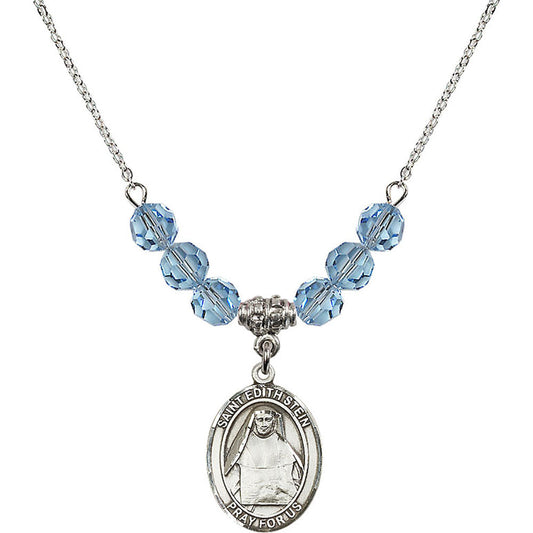 Sterling Silver Saint Edith Stein Birthstone Necklace with Aqua Beads - 8103