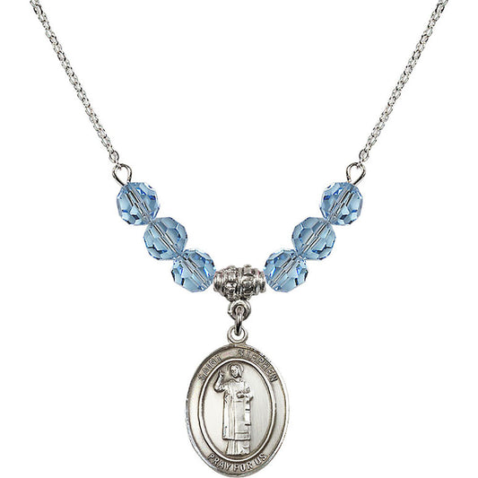 Sterling Silver Saint Stephen the Martyr Birthstone Necklace with Aqua Beads - 8104