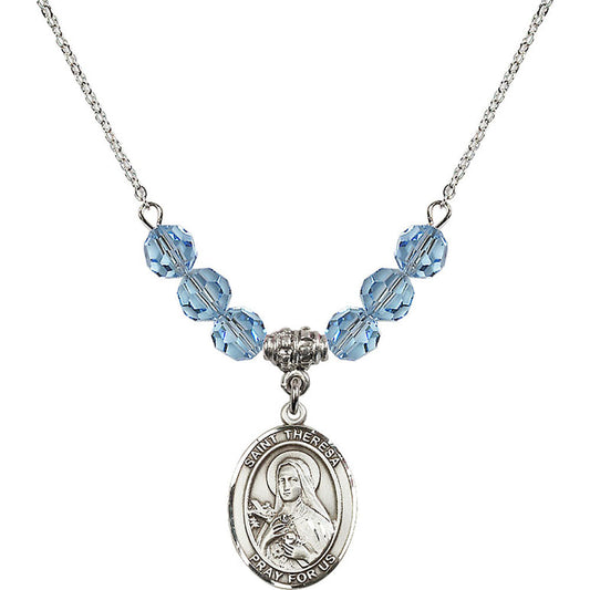 Sterling Silver Saint Theresa Birthstone Necklace with Aqua Beads - 8106