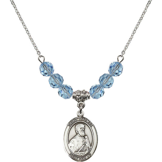Sterling Silver Saint Thomas the Apostle Birthstone Necklace with Aqua Beads - 8107