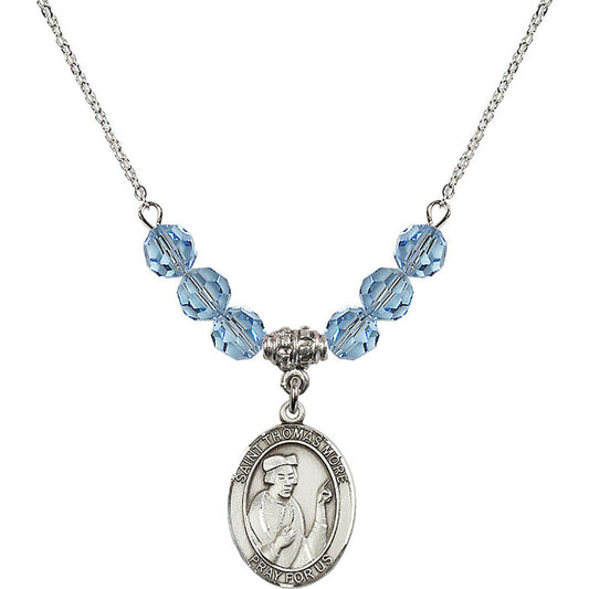 Sterling Silver Saint Thomas More Birthstone Necklace with Aqua Beads - 8109