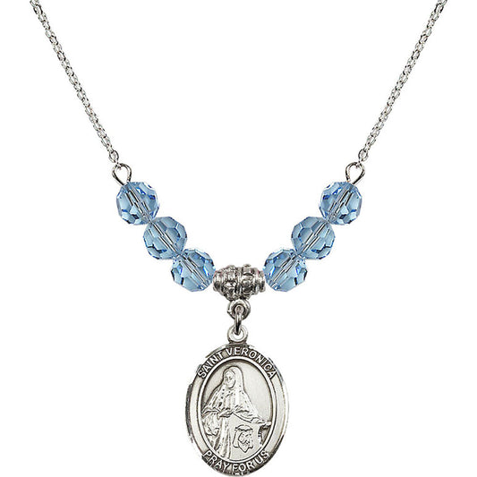 Sterling Silver Saint Veronica Birthstone Necklace with Aqua Beads - 8110