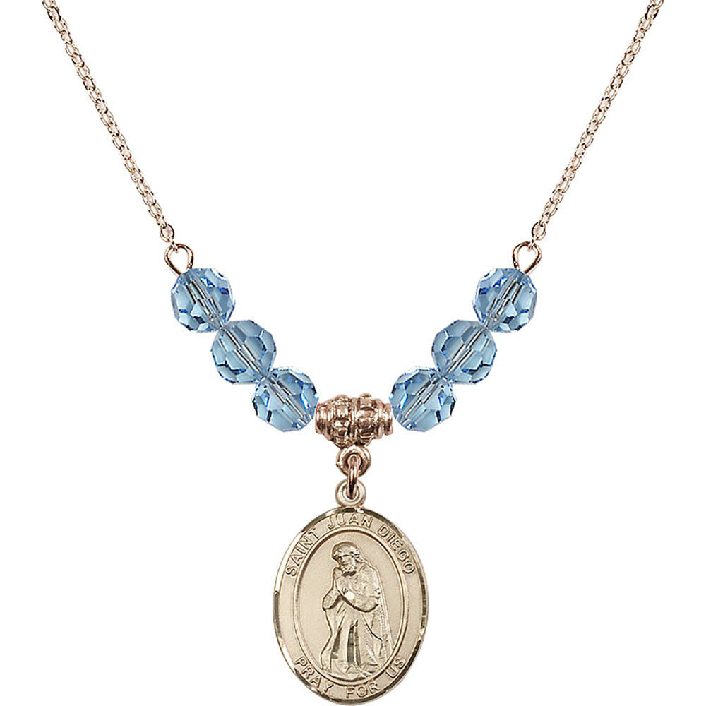 14kt Gold Filled Saint Juan Diego Birthstone Necklace with Aqua Beads - 8111