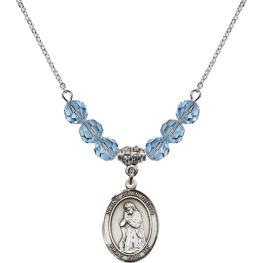Sterling Silver Saint Juan Diego Birthstone Necklace with Aqua Beads - 8111