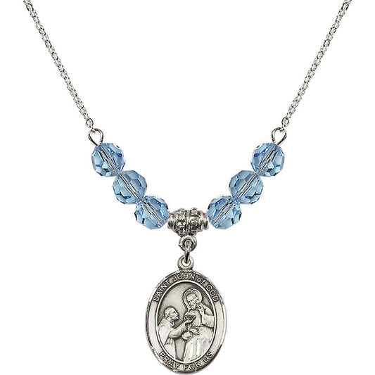 Sterling Silver Saint John of God Birthstone Necklace with Aqua Beads - 8112