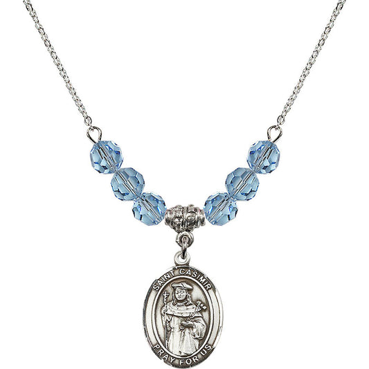 Sterling Silver Saint Casimir of Poland Birthstone Necklace with Aqua Beads - 8113