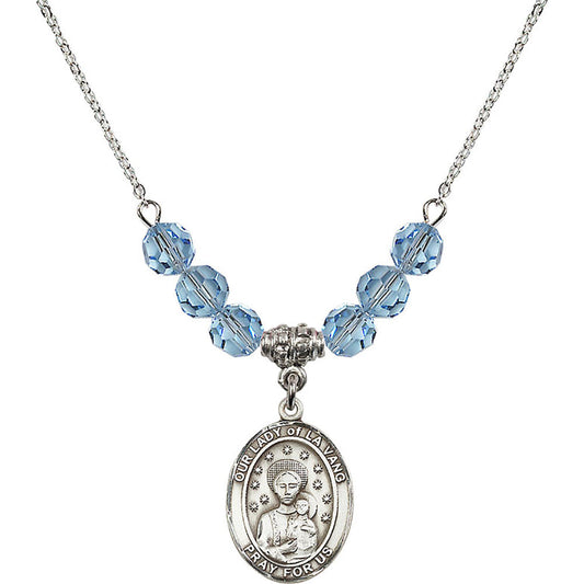 Sterling Silver Our Lady of la Vang Birthstone Necklace with Aqua Beads - 8115
