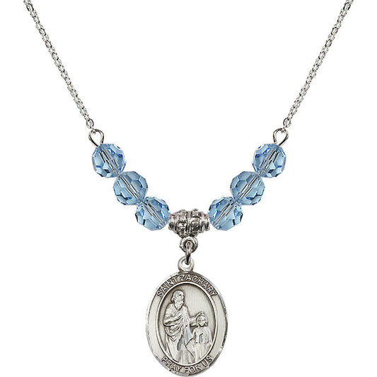 Sterling Silver Saint Zachary Birthstone Necklace with Aqua Beads - 8116