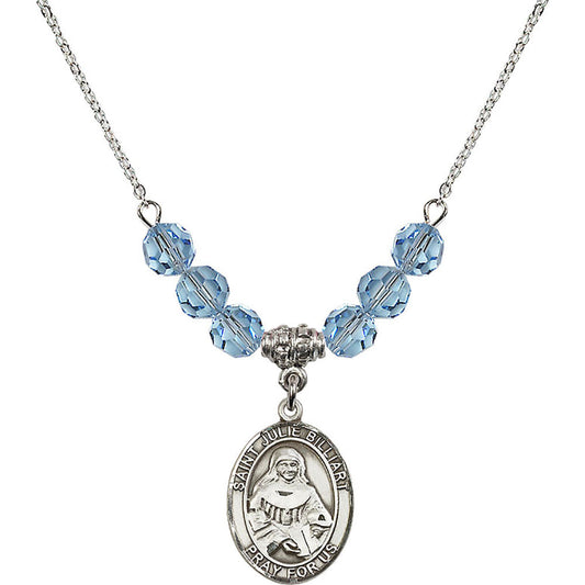 Sterling Silver Saint Julie Billiart Birthstone Necklace with Aqua Beads - 8117