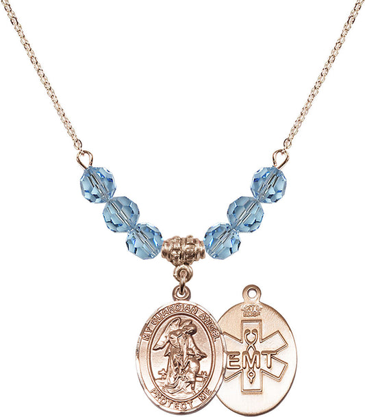 14kt Gold Filled Guardian Angel / EMT Birthstone Necklace with Aqua Beads - 8118