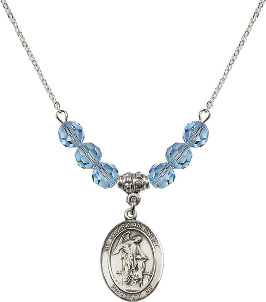 Sterling Silver Guardian Angel w/Child Birthstone Necklace with Aqua Beads - 8118