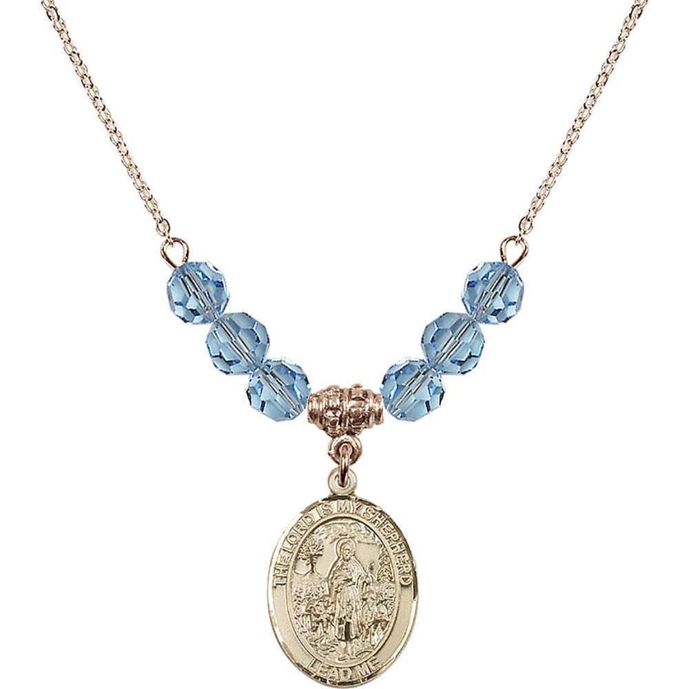 14kt Gold Filled Lord Is My Shepherd Birthstone Necklace with Aqua Beads - 8119