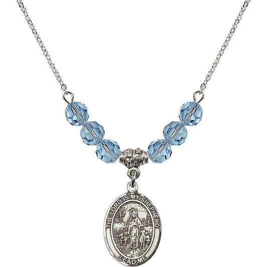 Sterling Silver Lord Is My Shepherd Birthstone Necklace with Aqua Beads - 8119