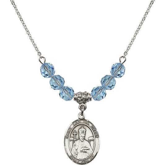 Sterling Silver Saint Leo the Great Birthstone Necklace with Aqua Beads - 8120