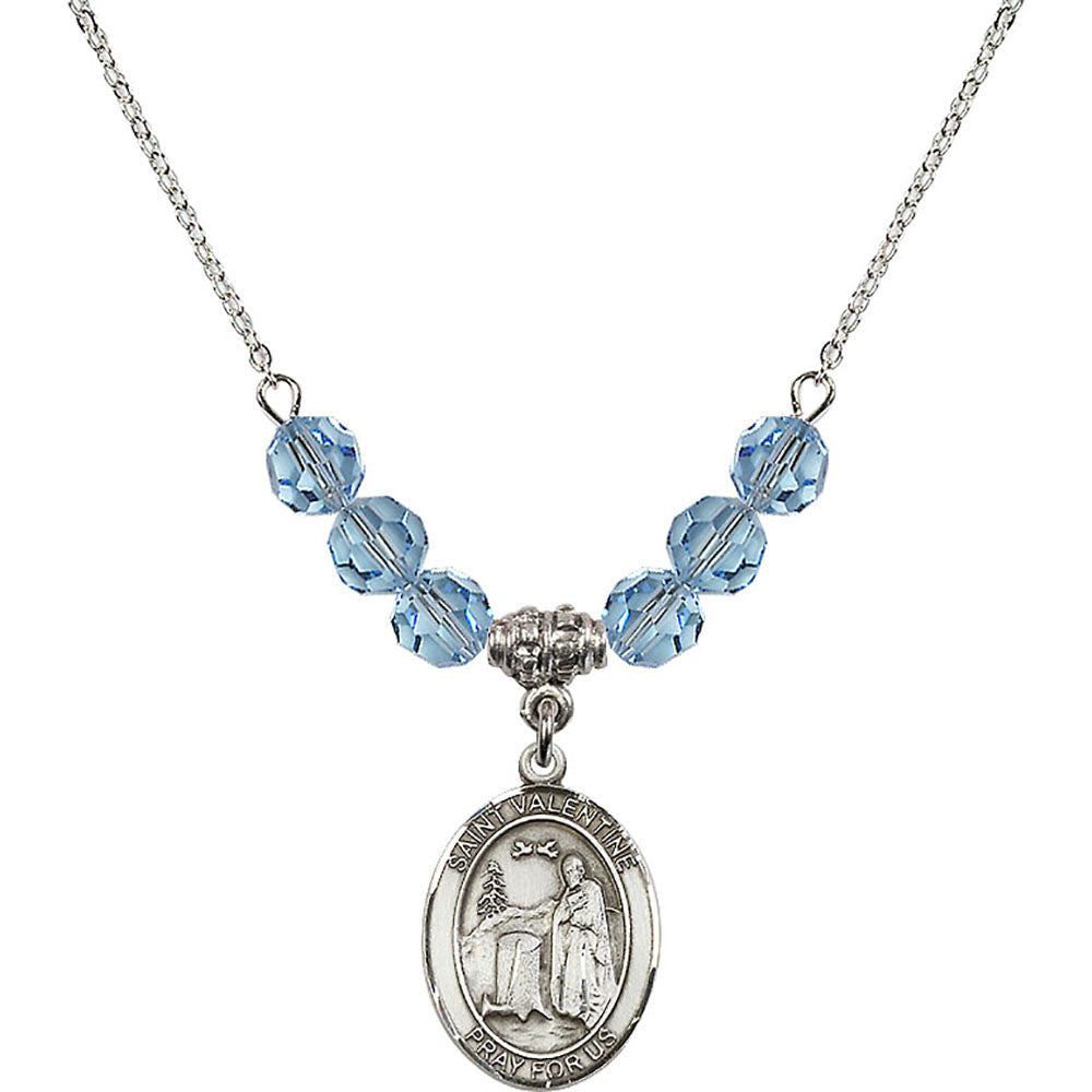 Sterling Silver Saint Valentine of Rome Birthstone Necklace with Aqua Beads - 8121