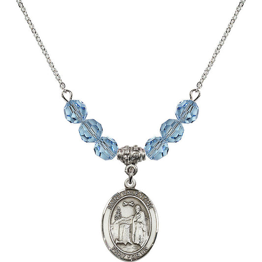 Sterling Silver Saint Valentine of Rome Birthstone Necklace with Aqua Beads - 8121