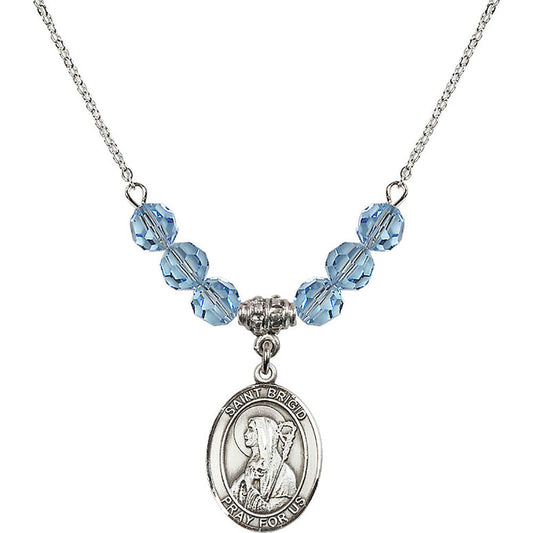 Sterling Silver Saint Brigid of Ireland Birthstone Necklace with Aqua Beads - 8123