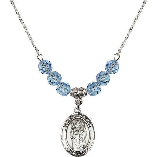 Sterling Silver Saint Stanislaus Birthstone Necklace with Aqua Beads - 8124