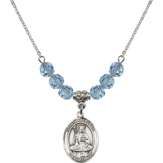 Sterling Silver Saint Walburga Birthstone Necklace with Aqua Beads - 8126