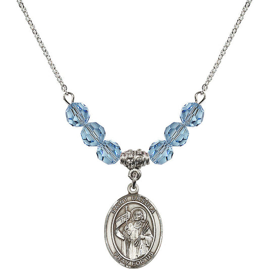 Sterling Silver Saint Ursula Birthstone Necklace with Aqua Beads - 8127
