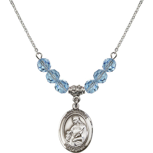 Sterling Silver Saint Agnes of Rome Birthstone Necklace with Aqua Beads - 8128