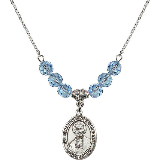 Sterling Silver Saint Marcellin Champagnat Birthstone Necklace with Aqua Beads - 8131