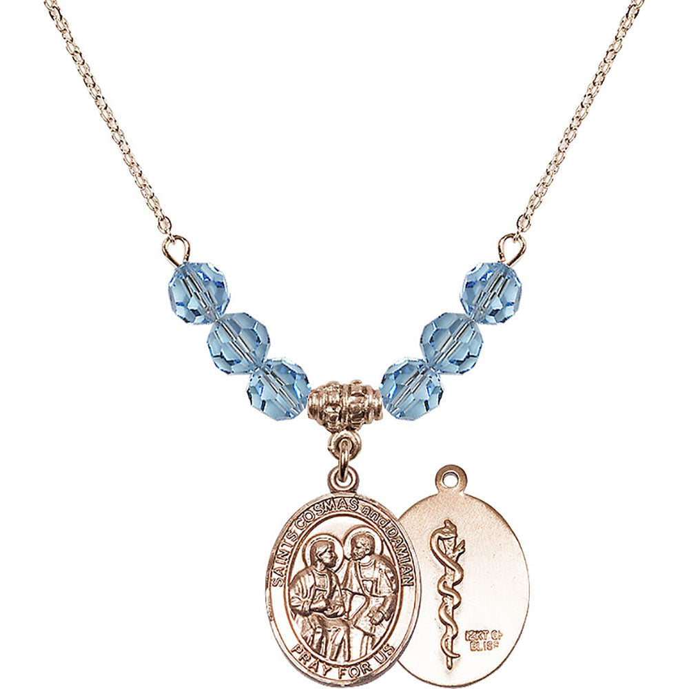 14kt Gold Filled Saints Cosmas & Damian / Doctors Birthstone Necklace with Aqua Beads - 8132
