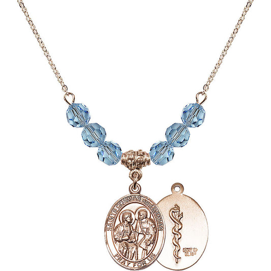 14kt Gold Filled Saints Cosmas & Damian / Doctors Birthstone Necklace with Aqua Beads - 8132