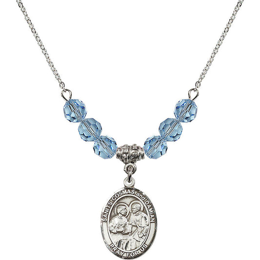 Sterling Silver Saints Cosmas & Damian Birthstone Necklace with Aqua Beads - 8132