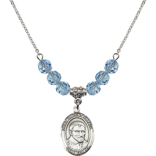 Sterling Silver Saint Vincent De Paul Birthstone Necklace with Aqua Beads - 8134