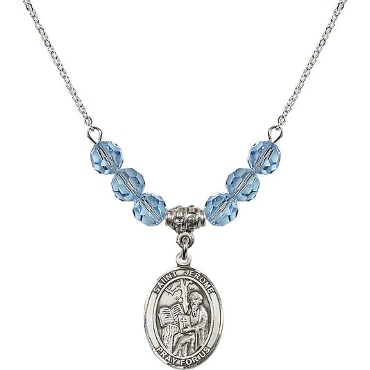 Sterling Silver Saint Jerome Birthstone Necklace with Aqua Beads - 8135