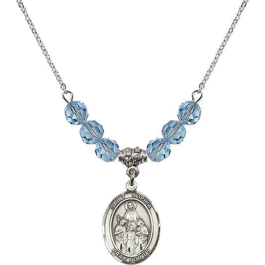 Sterling Silver Saint Sophia Birthstone Necklace with Aqua Beads - 8136